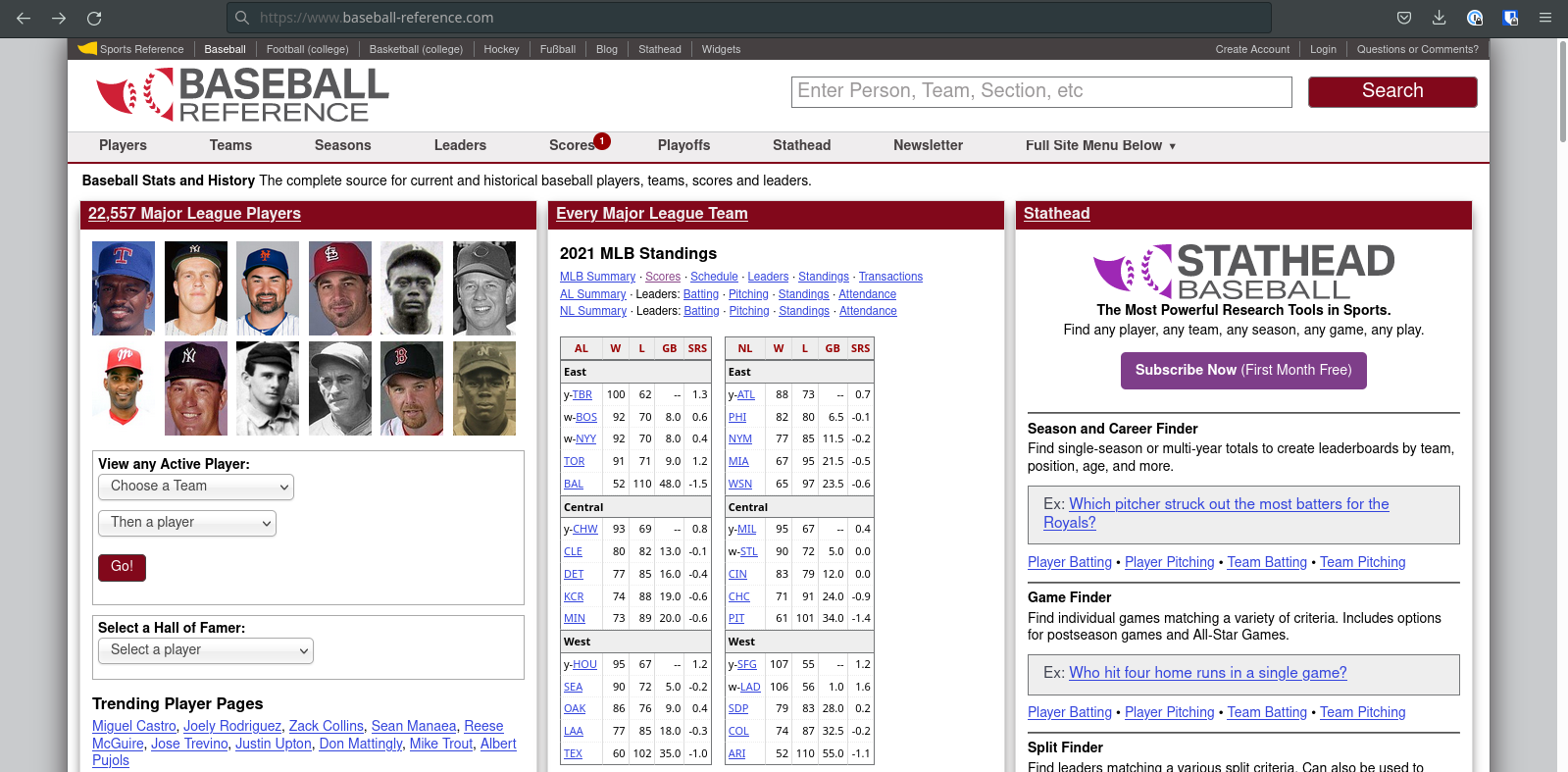 Baseball Reference Homepage